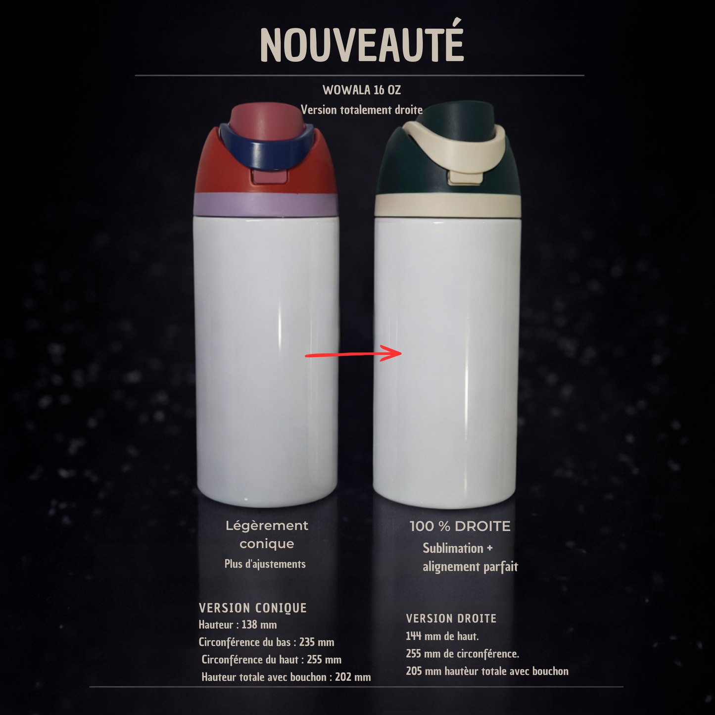 Bouteille Isotherme Wowala 16oz Totalement Droite - Acier Inoxydable Triple Parois - Sublimation