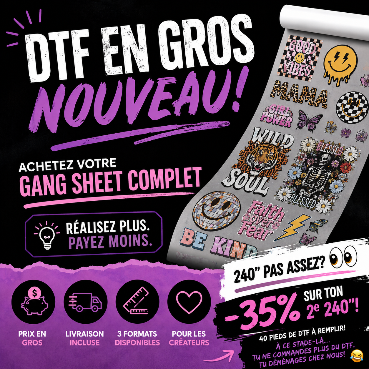 DTF EN GROS – Gang Sheet personnalisé | Livraison incluse
