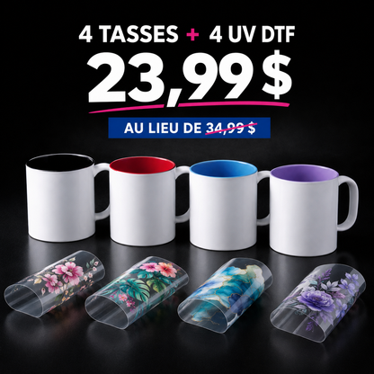 Ensemble 4 Tasses Sublimation 11oz — Couleurs Mixtes + 4 UV-DTF offerts