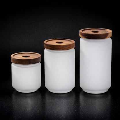 Pot de stockage en verre à sublimation avec couvercle en bois d'acacia
