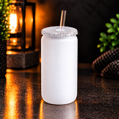 Glass can 16 oz givré avec couvercle diamant – Sublimation