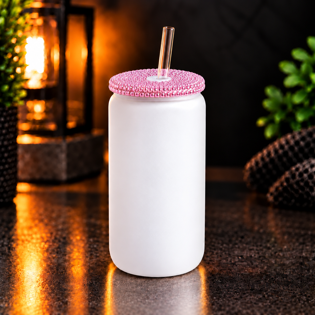 Glass can 16 oz givré avec couvercle diamant – Sublimation