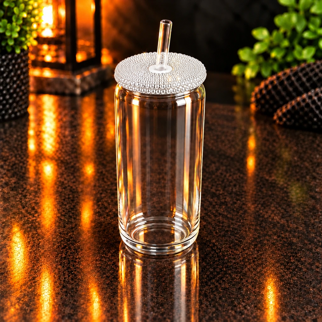 Glass can 16 oz en verre clair avec couvercle diamant – Sublimation