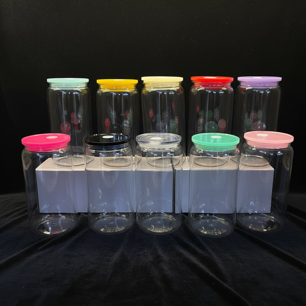 Can 16oz Acrylique Transparent avec Couvercle Coloré - UV