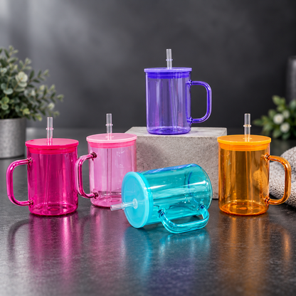 Tasse en Verre Transparent Coloré 17 oz avec Couvercle Acrylique - Sublimation