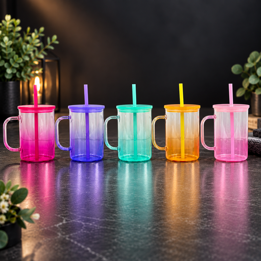 Tasse en Verre Clair Ombré Coloré 17 oz avec Couvercle Acrylique - Sublimation