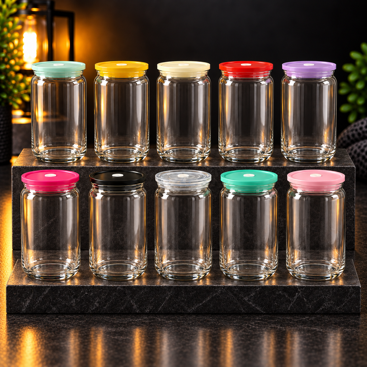 Can 16oz Acrylique Transparent avec Couvercle Coloré - UV