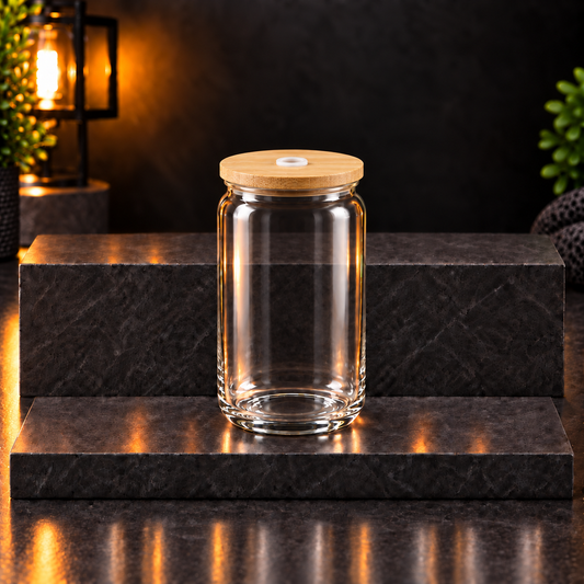Verre Can 16oz CLAIR avec Couvercle Bambou - Sublimation & UV