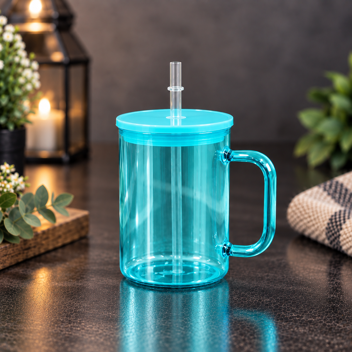 Tasse en Verre Transparent Coloré 17 oz avec Couvercle Acrylique - Sublimation
