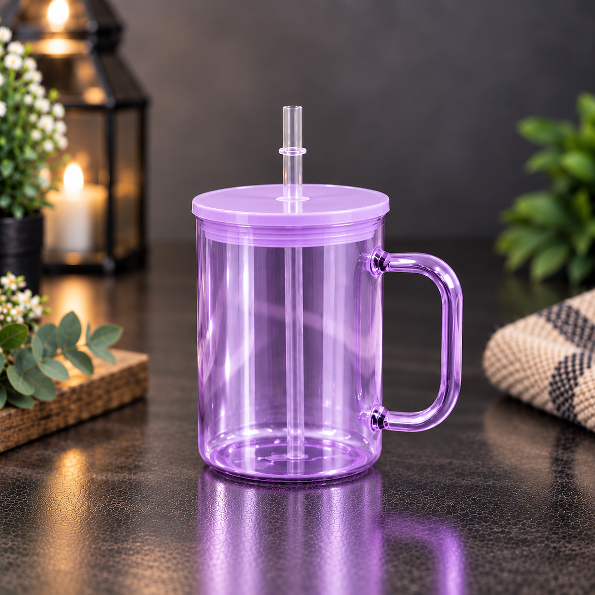 Tasse en Verre Transparent Coloré 17 oz avec Couvercle Acrylique - Sublimation