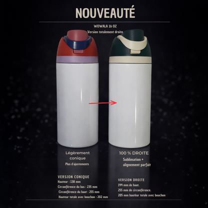 Bouteille Isotherme Wowala 16oz Totalement Droite - Acier Inoxydable Triple Parois - Sublimation