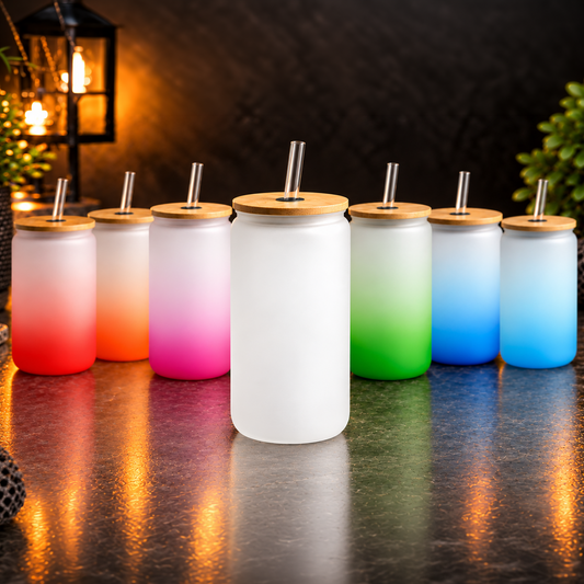 Verre Can 16oz GIVRÉ avec Couvercle Bambou - Sublimation & UV