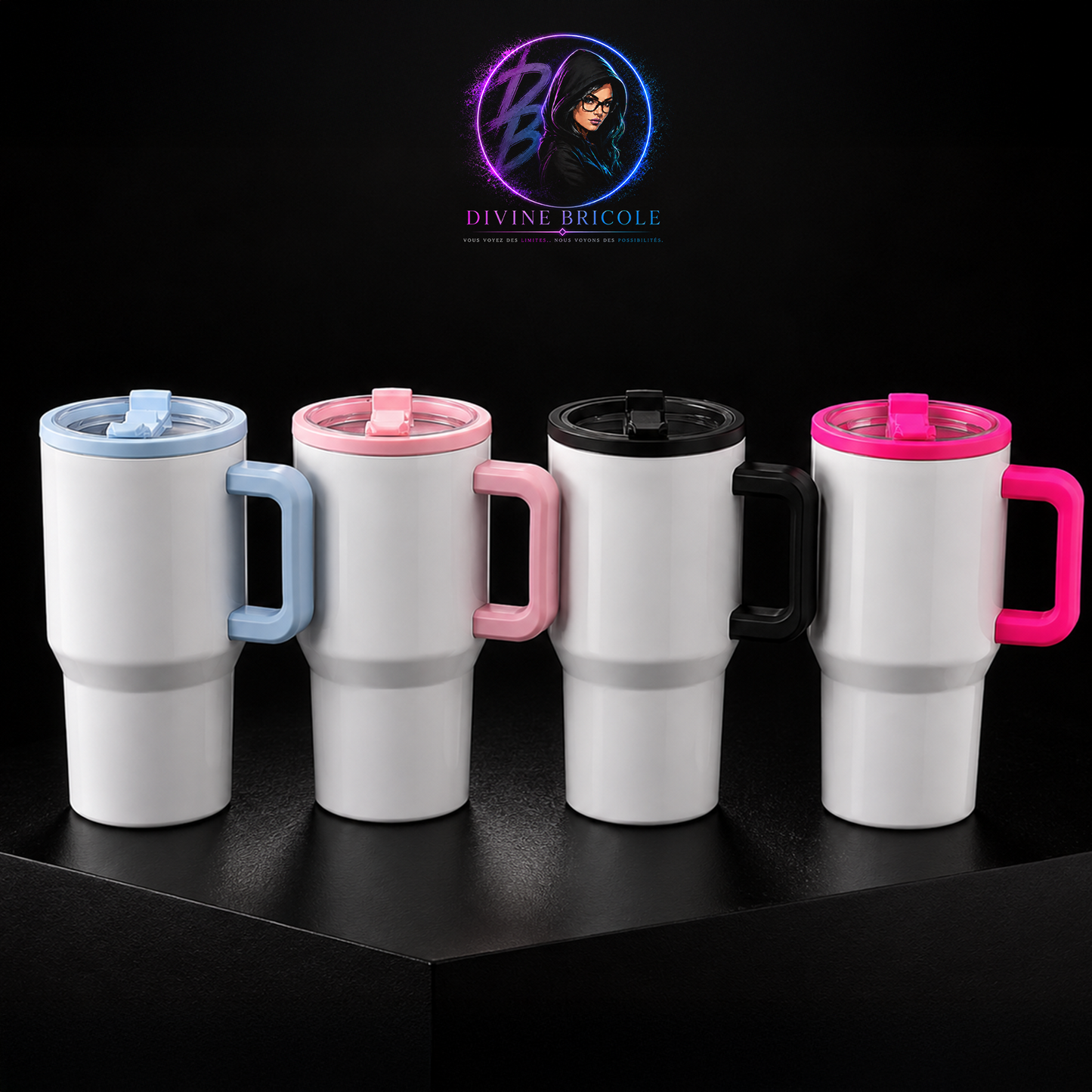 Tumbler 20 oz – Poignée Colorée – Couvercle Flip – Sublimation