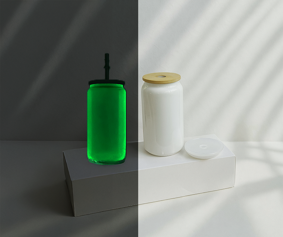 16 oz style glass can isotherme / 2 couvercles GLOW IN THE DARK