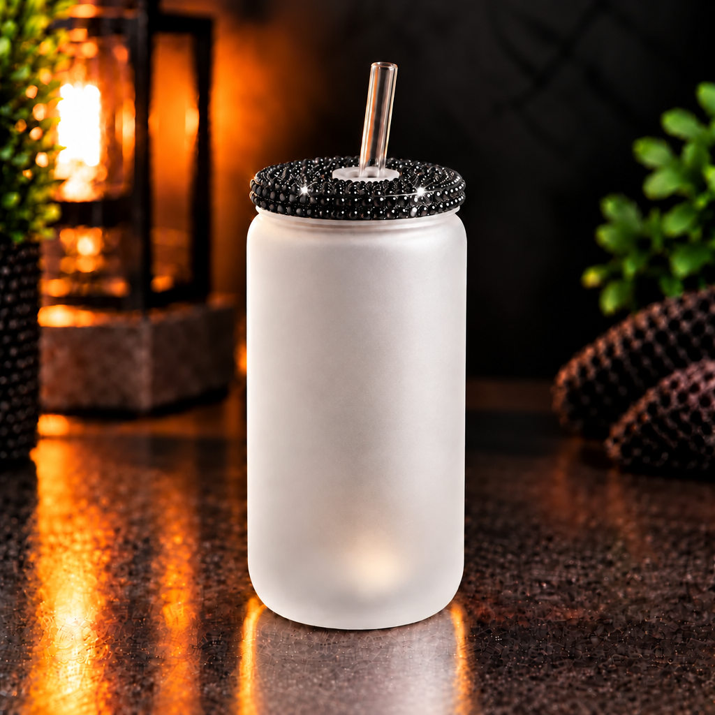 Glass can 16 oz givré avec couvercle diamant – Sublimation
