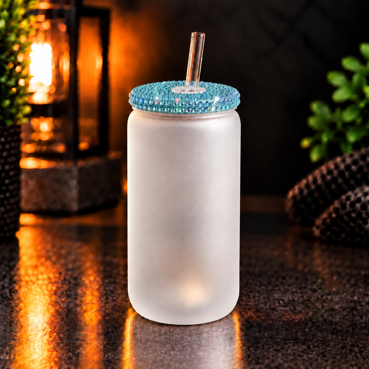 Glass can 16 oz givré avec couvercle diamant – Sublimation