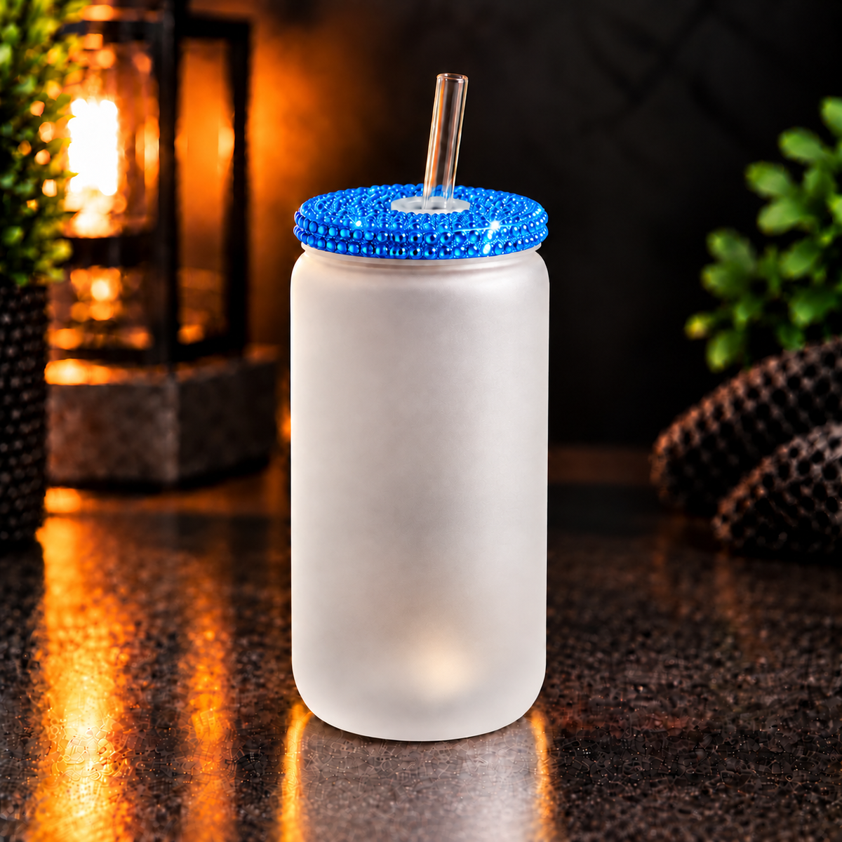 Glass can 16 oz givré avec couvercle diamant – Sublimation
