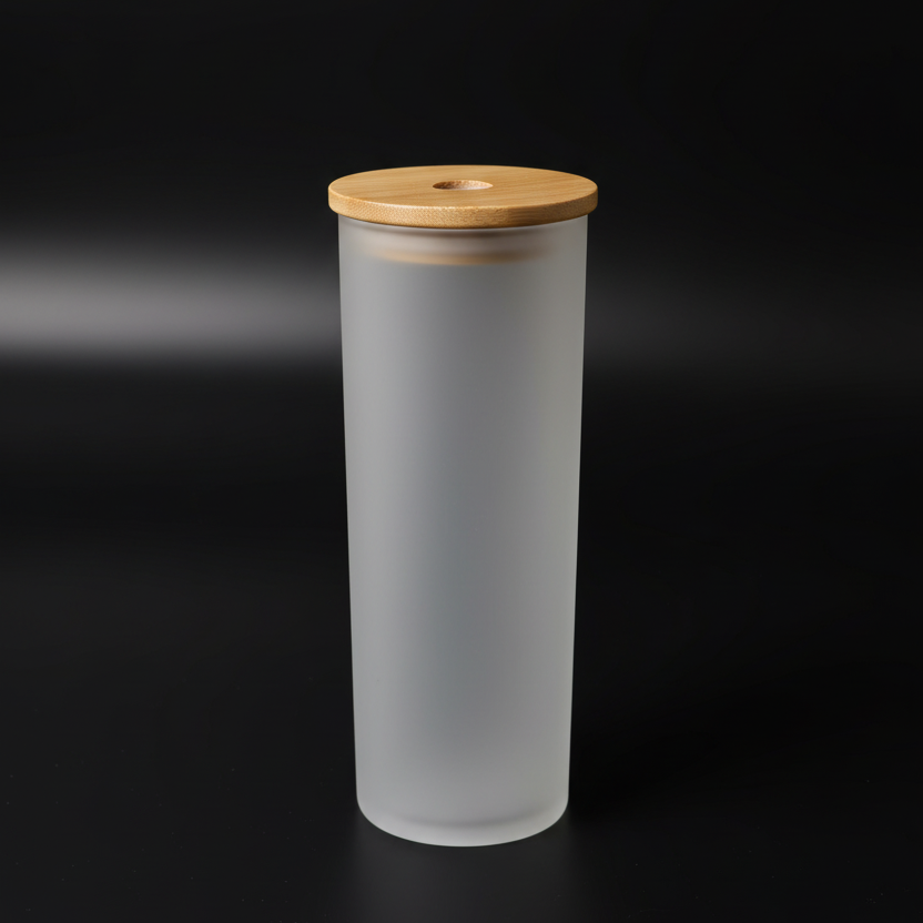 Tumbler 25oz en verre givré couvercle de bambou